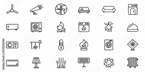 Diverse collection of household appliance and comfort icons including fans, heaters, air conditioners, lamps, and thermometers, perfect for modern design projects and informational graphics