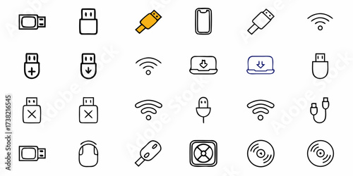 Dynamic collection of modern technology icons featuring USB drives, Wi-Fi signals, cables, laptops, and computer peripherals for digital projects and web design elements