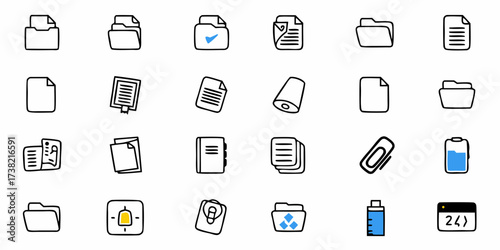 Charming hand-drawn icons representing documents folders and office supplies perfect for creative projects and organizational themes conveying efficiency and simplicity