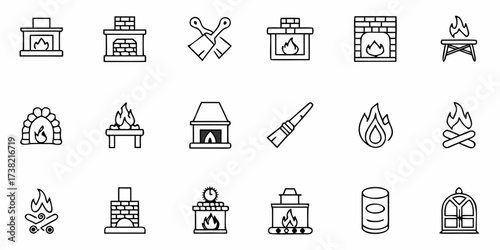 Collection of various fireplace and fire pit icons, perfect for design projects related to warmth, coziness, and home decor, ideal for creating engaging content