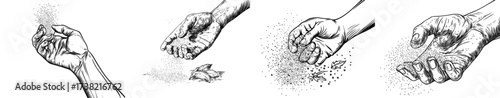 A hand-drawn icon of a hand sprinkling is represented as a doodle, symbolizing the act of adding seasonings to food through a simple line drawing clipart