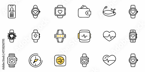 Collection of modern fitness tracker icons depicting health, wellness, heart rate monitoring, and lifestyle integration for digital applications and user interfaces