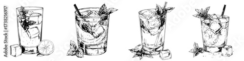 A watercolor illustration of refreshing lemonade with mint and ice cubes isolated on a white background