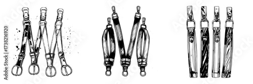 A watercolor illustration of colorful suspenders is shown isolated on a white background