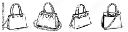 A clutch purse accompanied by a gold chain is depicted in a watercolor illustration set against a white background