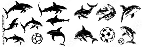 Isolated on a white background is a modern silhouette illustration of a shark playing soccer