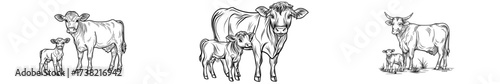The illustration shows a cute horned goat, a typical farm animal, standing in isolation on a white background, climbing onto a branch, and grazing in a lush green natural meadow