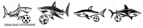 Modern illustration of a shark playing soccer in a sleek silhouette style set against a plain white background