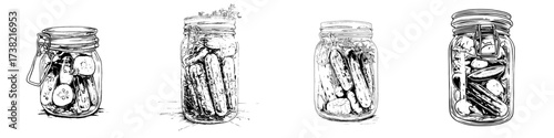 A watercolor illustration of a glass jar containing preserved vegetables, set against a plain white background