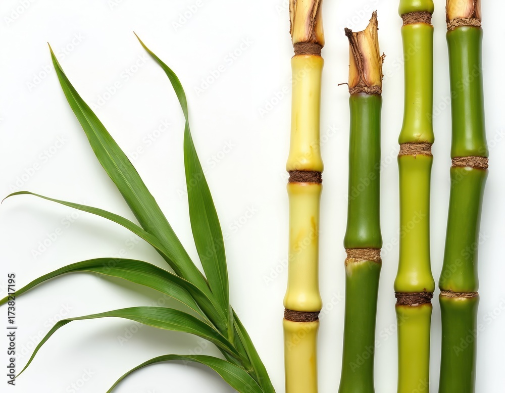 Fototapeta premium Green sugarcane stalks and leaf on white background. Fresh cut sugar cane. Healthy food and drink ingredient. Raw material for juice and sugar production. Isolated tropical plant.