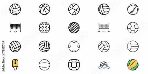 Diverse sports equipment icons: volleyball, basketball, soccer, and more, perfect for sports-themed designs, logos, and branding projects, offering dynamic visual appeal.