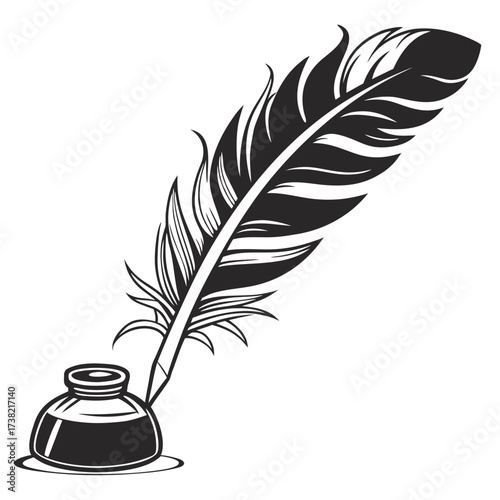 Feather quill pen with inkwell, writing instrument