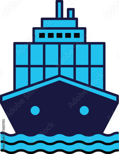 Front view of a dark blue cargo ship with bright blue containers on water container ship freight ship