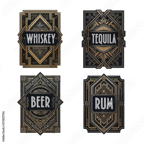 Vector art of art deco alcohol label design featuring whiskey, tequila, beer, and rum, showcasing vintage elegance and intricate patterns