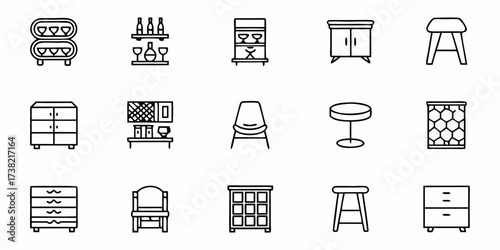 Minimalist furniture icons set perfect for interior design projects, representing chairs, tables, cabinets, and decorative elements for modern home decor