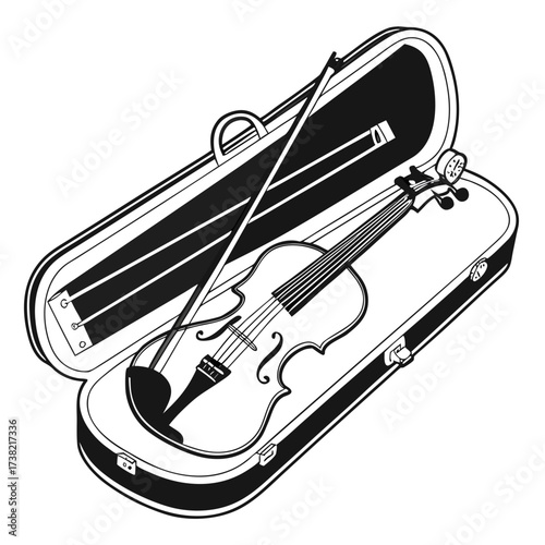 Monochrome illustration of a violin in a case