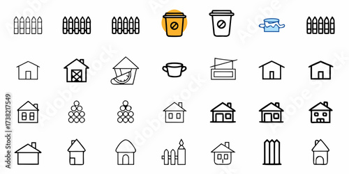 Collection of illustrated icons depicting houses, coffee cups, fences, and other common symbols, perfect for web design and creative projects