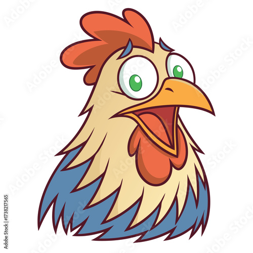 Anxious cartoon rooster stares wideeyed, looking frightened with an open beak on a transparent background