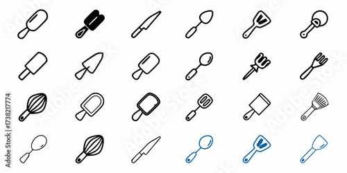 Essential kitchen utensils collection in a minimalist line art style, perfect for cooking blogs, recipes, and culinary projects, offering elegant design and versatility