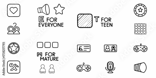 Diverse collection of playful icons and symbols representing entertainment ratings for video games, movies, and media content, suitable for websites, apps, and promotional materials