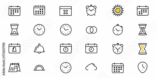 Hand-drawn time and calendar icons set, perfect for planning, scheduling, deadlines, events, appointments, and reminders for any project or business