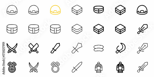 Collection of various icon designs in a line art style featuring hats, boxes, swords, and other unique shapes, perfect for diverse design projects