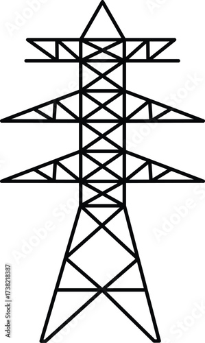 Black outline of a tall pylon structure with geometric bracing electricity power line