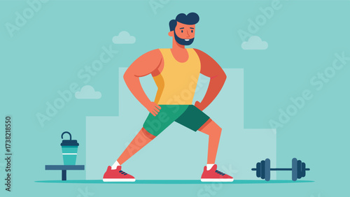 A man wearing proper workout attire and shoes prioritizing comfort and safety while exercising.. Vector illustration