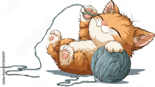Adorable Kitten Playing with Yarn - Cute Cartoon Vector Illustration