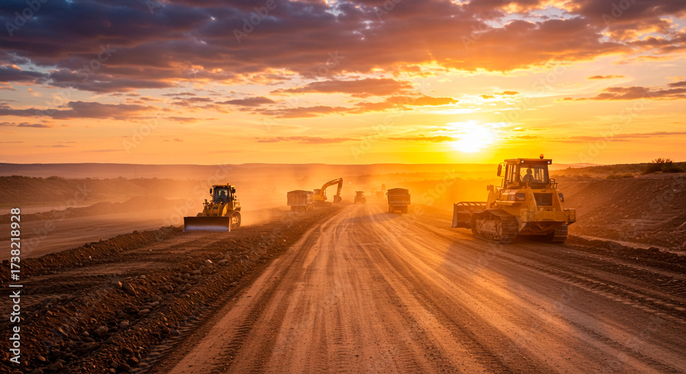 Fototapeta premium Heavy machinery, bulldozers, and trucks on a dusty dirt road construction site, infrastructure building at sunset