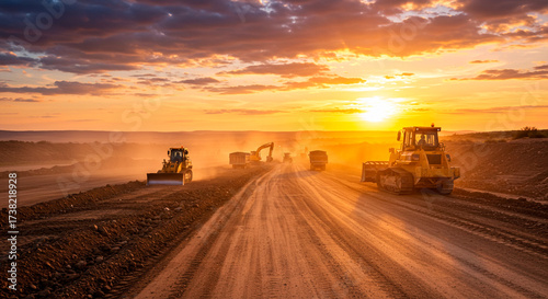 Heavy machinery, bulldozers, and trucks on a dusty dirt road construction site, infrastructure building at sunset