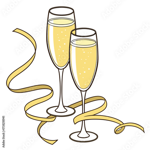 Sparkling champagne in tall flutes sits amidst golden ribbons on transparent background