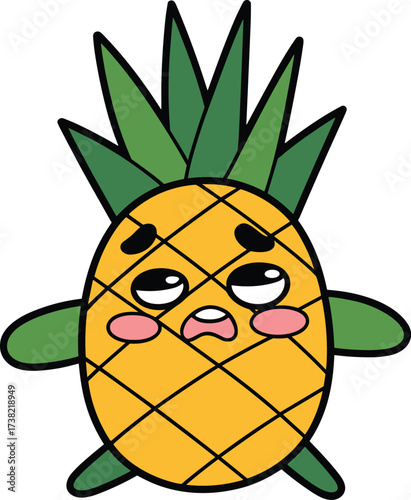 Cute Kawaii Cartoon Pineapple Character Looking Up with Sad and Upset Expression, Adorable Crying Tropical Fruit Vector Illustration for Design