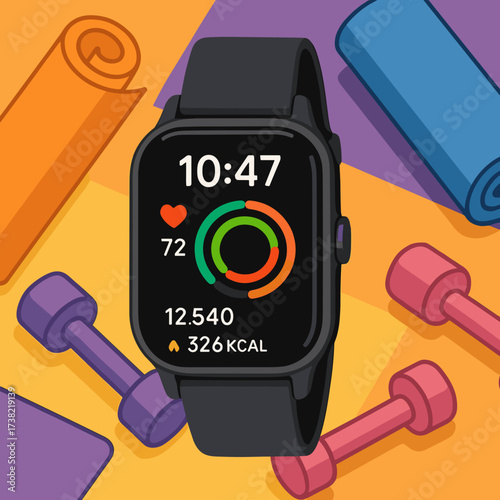 Fitness smartwatch display with health metrics on a colorful gym background