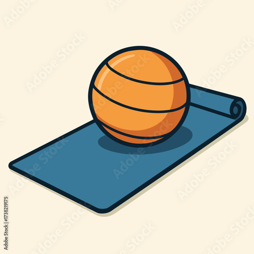Orange exercise ball resting on a blue fitness mat against a light background