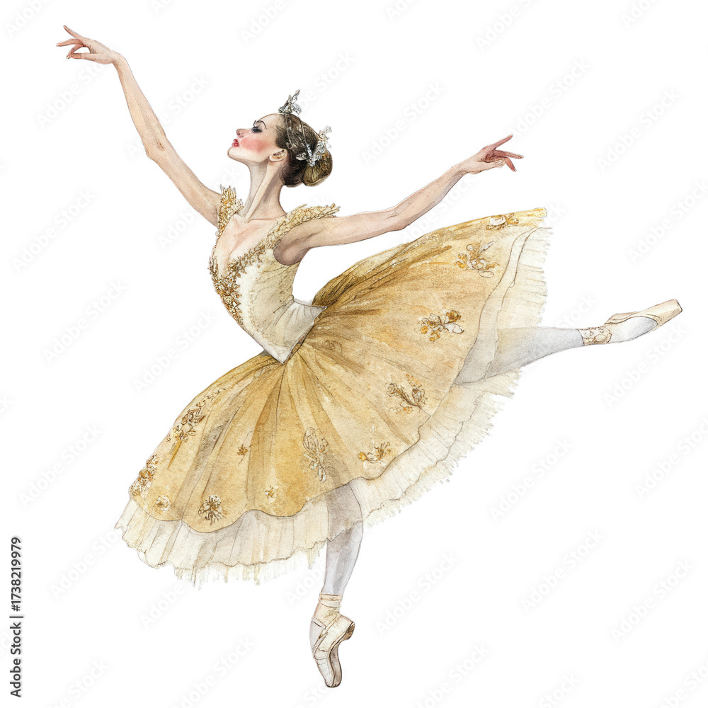Naklejka premium Watercolor ballerina in golden tutu performing ballet isolated on a transparent background