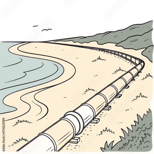 A long industrial pipeline stretches along a sandy beach next to the ocean with rolling hills in the background
