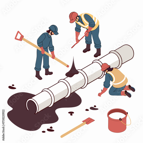 Construction workers in protective gear repairing a large pipe with a dark liquid spill and tools on a white background
