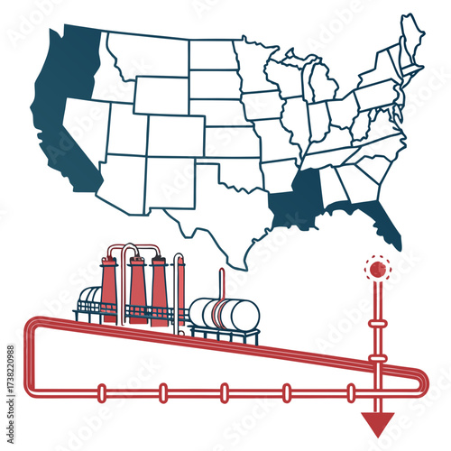 Illustration of a us map highlighting california and the southeast with an oil refinery and pipeline system