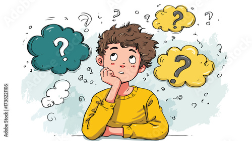 Adorable Young Boy with Thought Bubbles and Question Marks, Contemplating Creativity