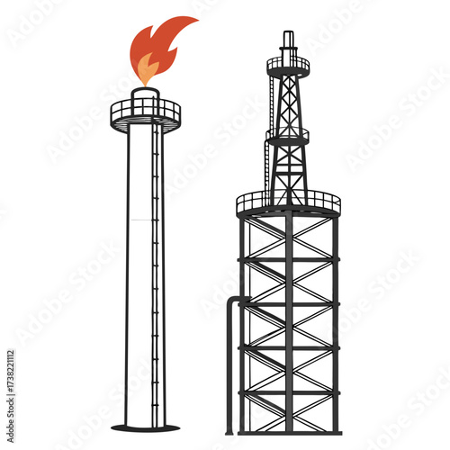 Industrial flare stack with burning flame and a tall lattice tower structure with platforms and ladders