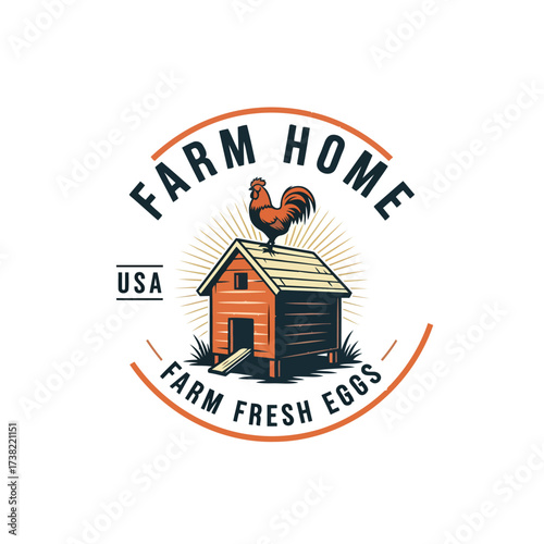 Vector art of farm home logo featuring a chicken coop with a rooster on top, symbolizing farm fresh eggs and rural living