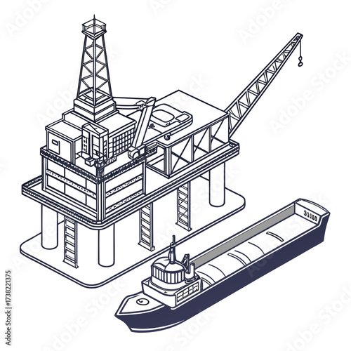 Isometric illustration of an oil rig platform with a crane and a cargo ship docked alongside for offshore energy extraction and transport