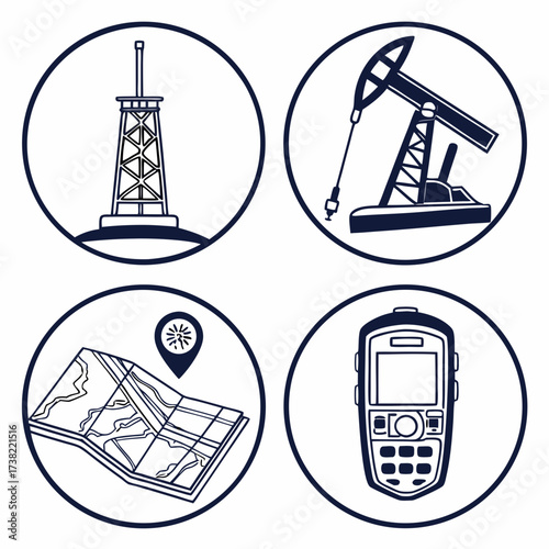 Set of four circular icons depicting a communication tower oil pump jack a map with a location pin and a mobile device