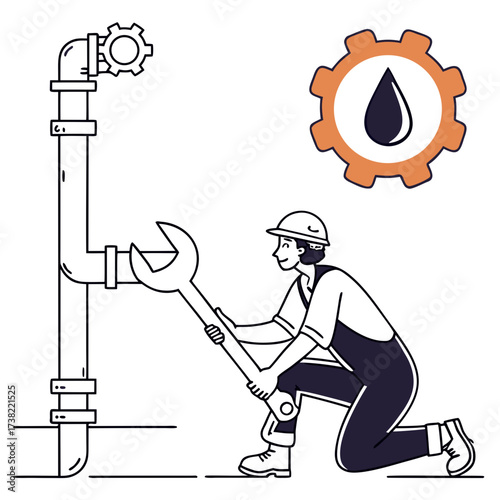 Plumber wearing hard hat and overalls kneeling to fix pipes with a large wrench and a water drop gear icon