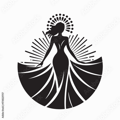 Beauty Pageant Queen Logo Woman in Gown and Crown Vector Illustration