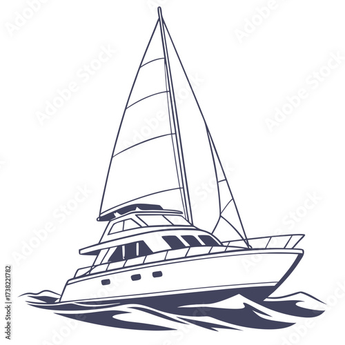 A sleek modern sailboat with billowing sails glides gracefully across the ocean waves on a clear day