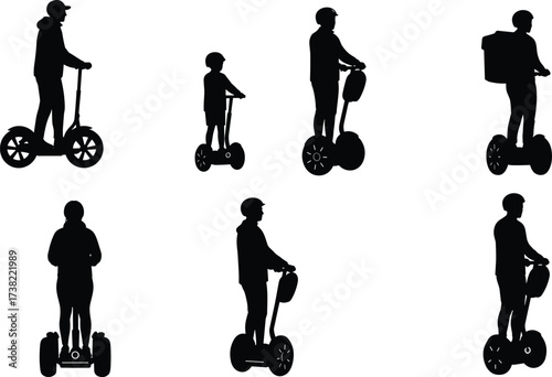 Silhouette vector set of people riding electric scooters and Segways in various postures, delivery, commuting, urban transport, modern mobility illustration