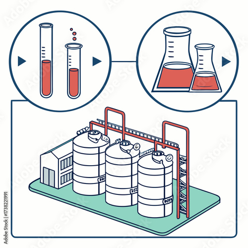 Illustration showing a scientific process from laboratory beakers and test tubes to industrial storage tanks and a factory building