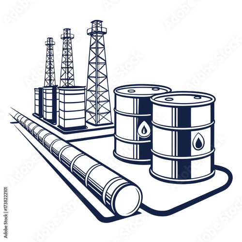 Industrial oil extraction and storage facility with derricks tanks and pipeline illustration